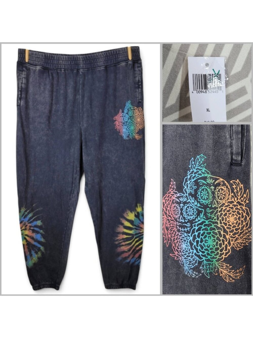 NEW Disney Pixar Coco Mens XL Sweatpants Joggers Tie Dye Pull On Pockets Grey